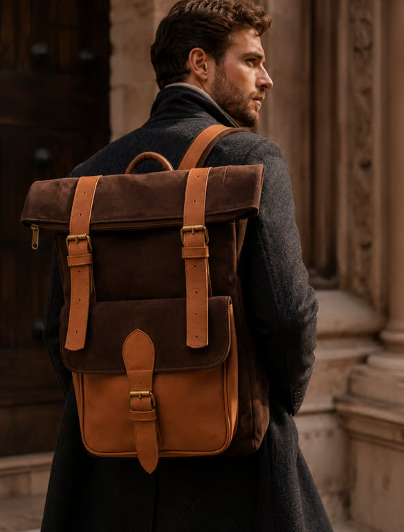 Dark Brown Suede and Leather Roll-Top Backpack - image 1
