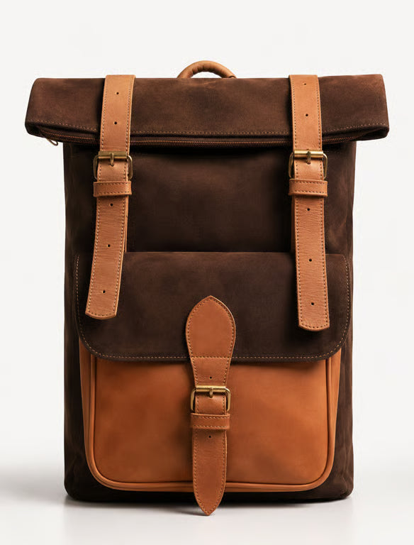 Dark Brown Suede and Leather Roll-Top Backpack - image 2