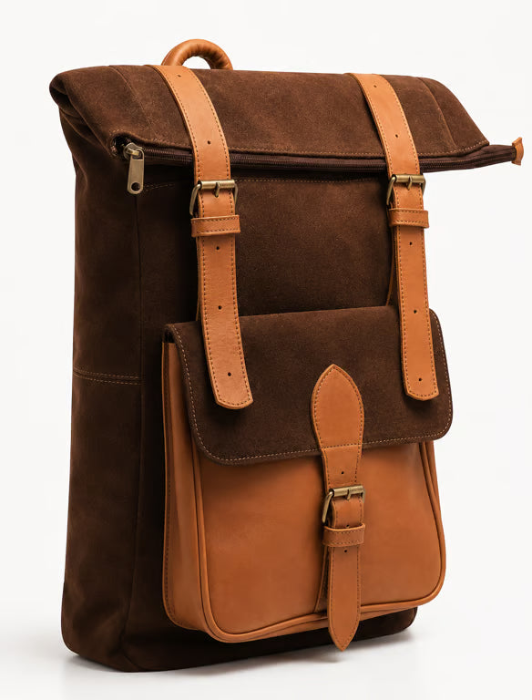 Dark Brown Suede and Leather Roll-Top Backpack - image 5