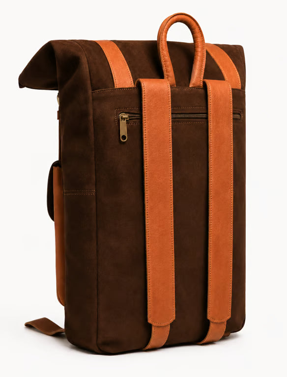 Dark Brown Suede and Leather Roll-Top Backpack - image 4