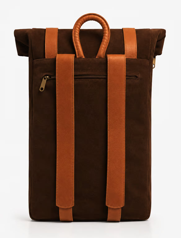 Dark Brown Suede and Leather Roll-Top Backpack - image 3