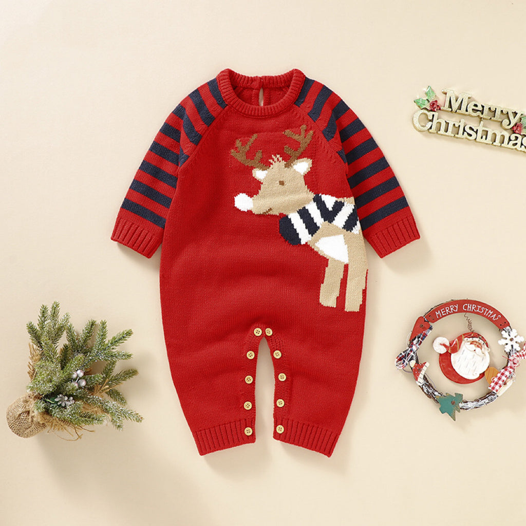 Baby Cartoon Elk Graphic Side Striped Sleeve Knitted Romper, MyKids-USA®, Baby One-Pieces, MyKids-USA - Size/Age - 59 (0-3M) - Color - Red -  -  - JM2210172148-A.